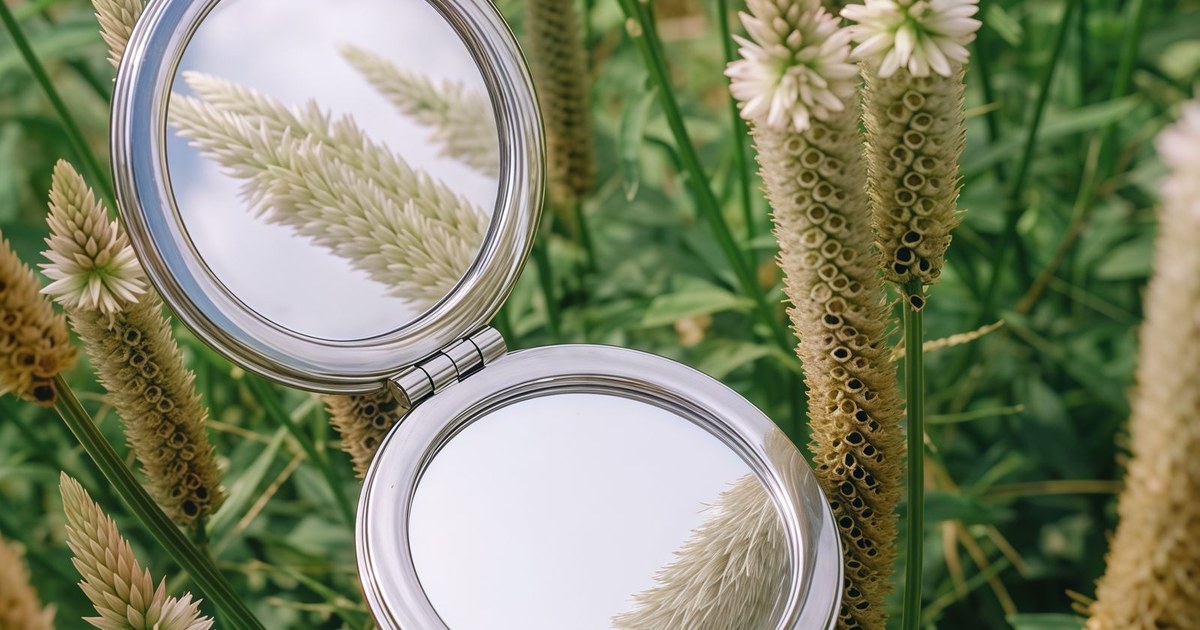 Compact mirror reflecting wildflowers in a lush green field in Ho Chi Minh City.