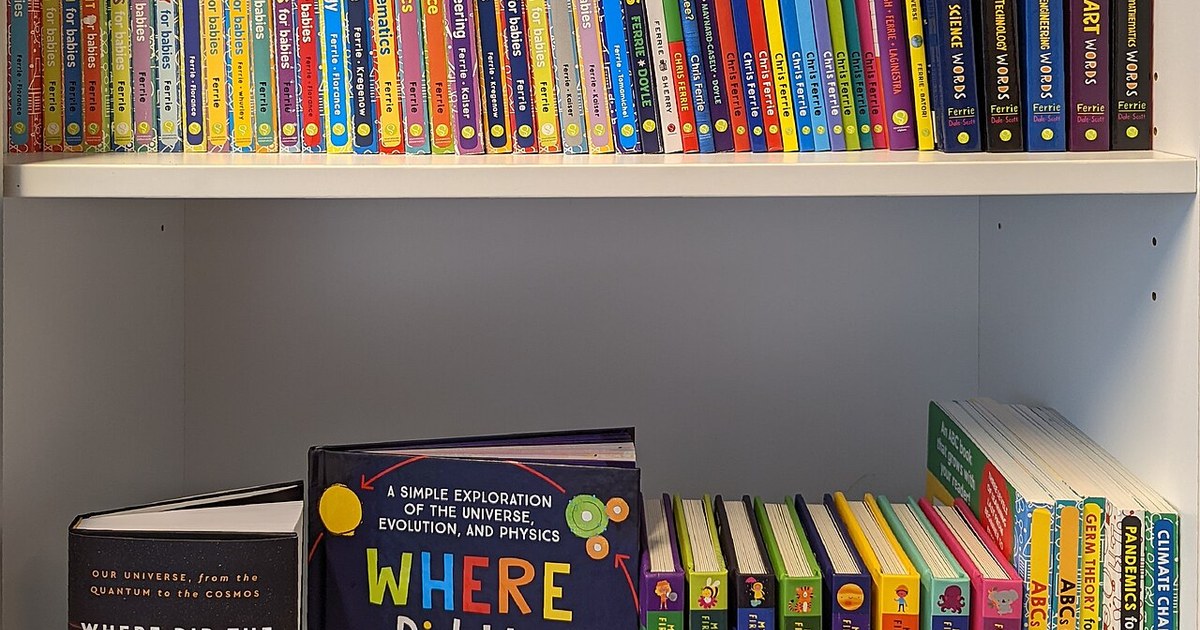 A bookshelf full of Chris Ferrie's books