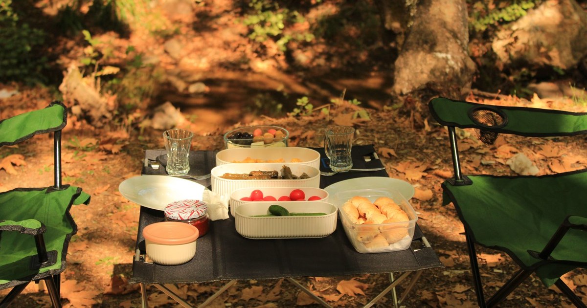 Charming outdoor picnic setup with food and drinks in a serene autumn setting.