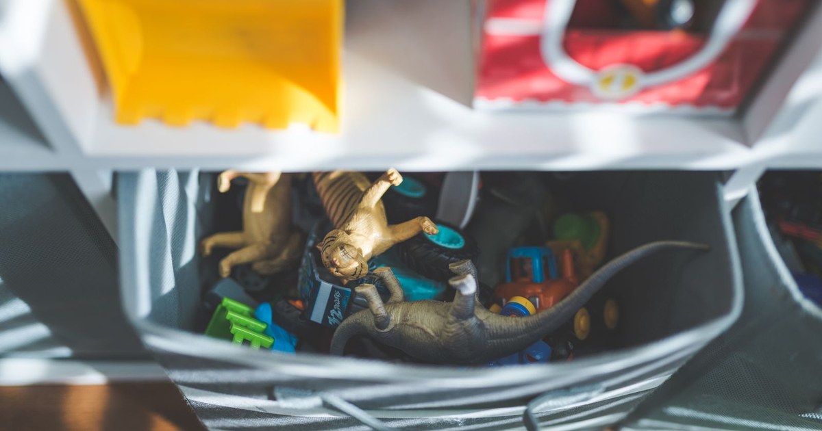 Plastic dinosaurs and cars in a storage box in a sunlit room.