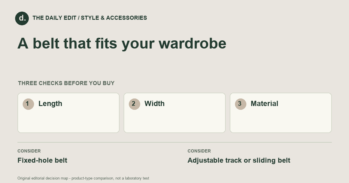 A belt that fits your wardrobe: Length, Width, Material