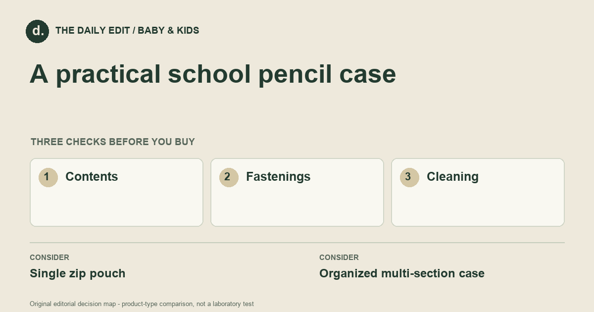 A practical school pencil case: Contents, Fastenings, Cleaning